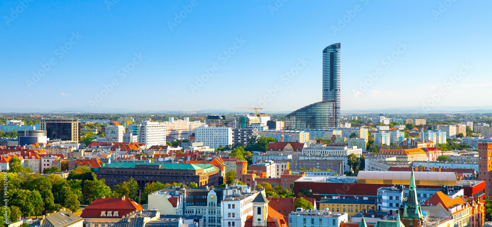 Fototapeta premium Panoramic view of Wroclaw with the skyscraper Sky Tower in the background. Wroclaw, Poland