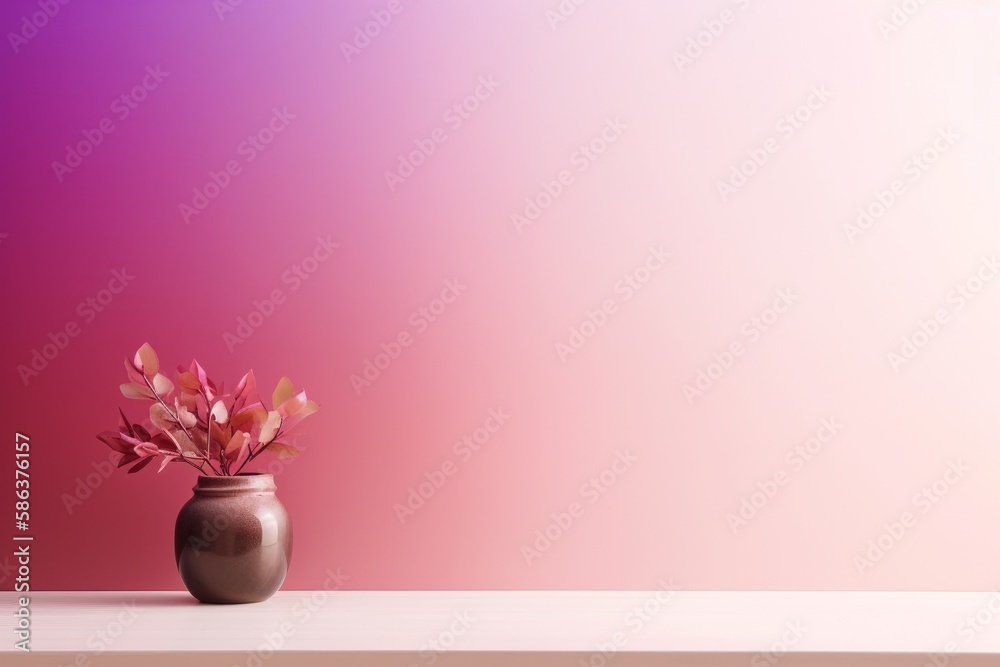 Simple porcelain plant vase, pink background image. AI generated