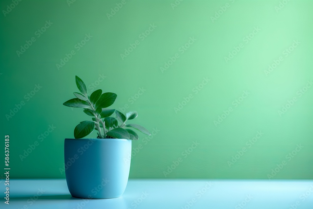 Simple vase plant, green background image. AI generated