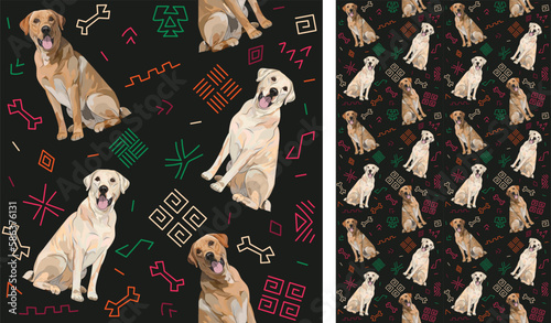 Abstract ethnic pattern with labrador retriever, black background, juneteenth seamless pattern with hand-drawn lines and colorful shapes in traditional African style. Summer seamless pattern with dogs