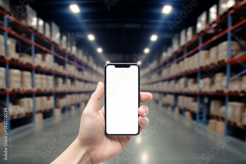 Warehouse with a hand holding an empty smartphone
