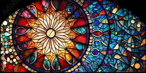 Intricate stained glass art with various shades of colorful glass pieces arranged in artistic pattern  concept of Religious Symbolism and Ornamental Design  created with Generative AI technology