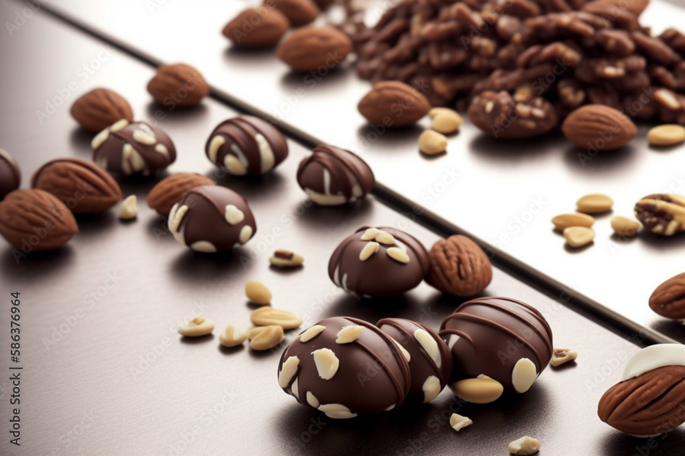 Chocolate with chestnuts on a silver metal table Chocolate with chestnuts on a silver metal table