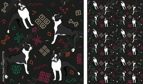 Abstract ethnic pattern with Boston terrier, black history month, juneteenth seamless pattern with hand-drawn lines and colorful shapes in traditional African style. Summer seamless pattern with dogs.