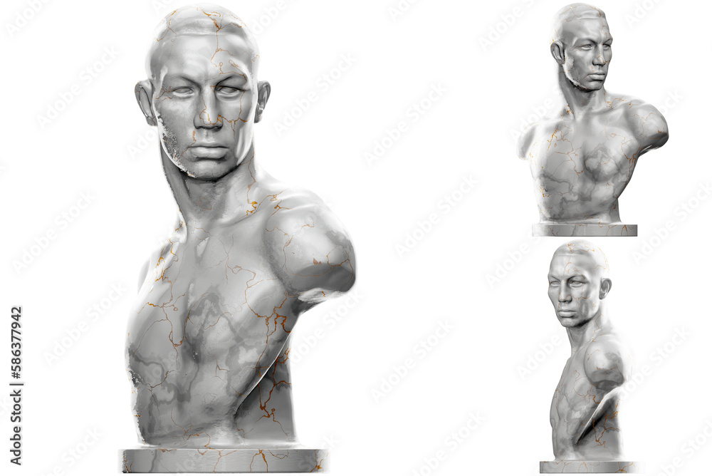 3D render of a boxer statue with stone texture and gold accents. Ideal for sports and fitness design projects.