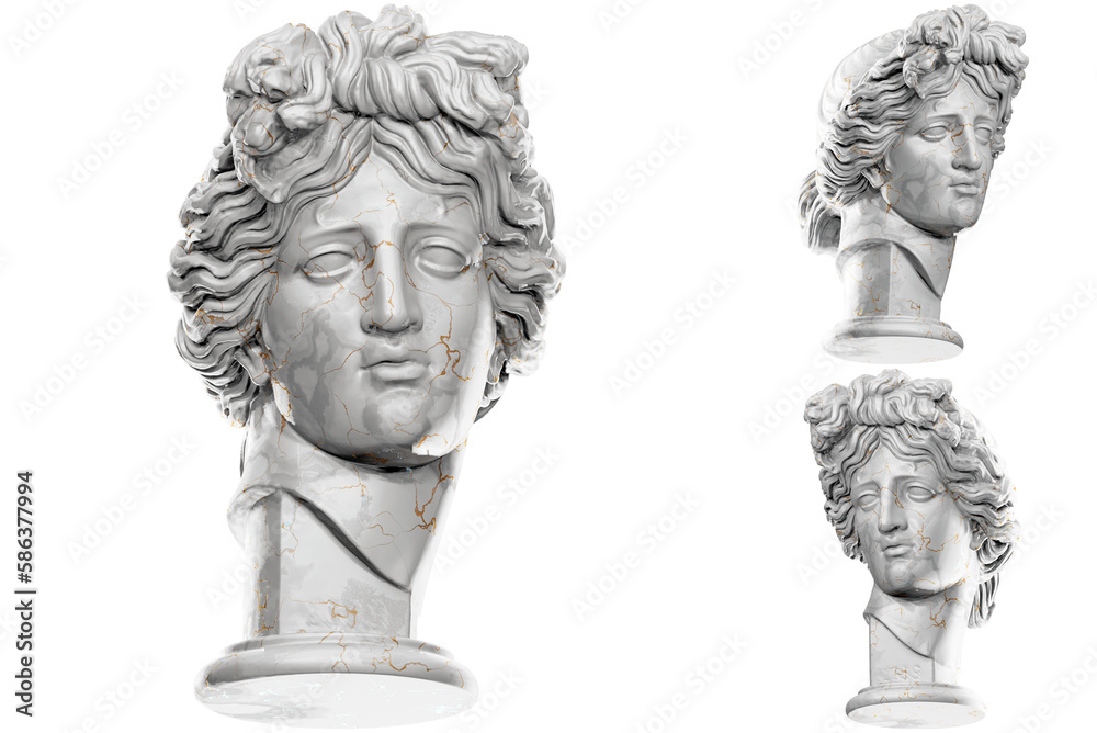 Obraz premium 3D render of an Apollo statue with stone texture and gold marble. Perfect for classical design projects..