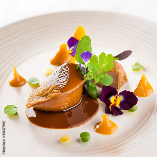 The Perfect Bite: Delicious Duck Liver in a Summer and Spring Setting. AI Generated Art. Concept Art for Foodies. Restaurant. Fine Dining in Spring and Summer. photo