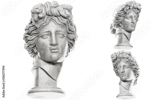 3D render of an Apollo statue with stone texture and gold marble. Perfect for classical design projects..