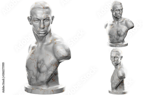 3D render of a boxer statue with stone texture and gold accents. Ideal for sports and fitness design projects.