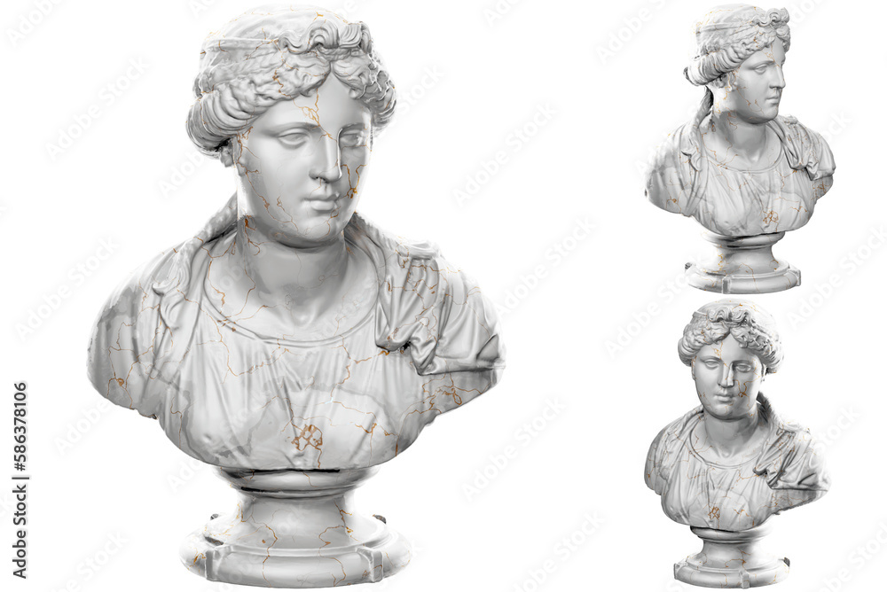 3D render of a bust statue of a young woman with stone texture and gold
