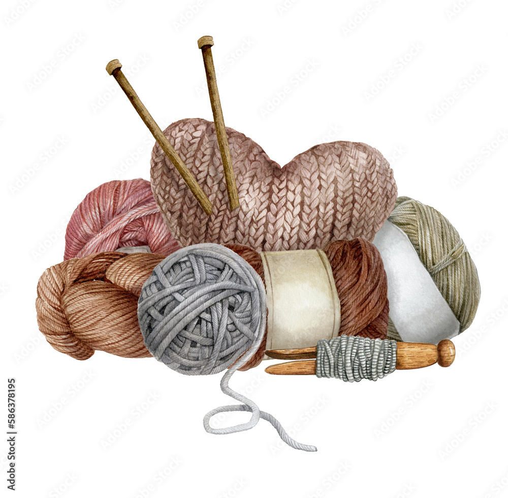 Knitting threads watercolor illustration.A ball of yarn crochet thread ...