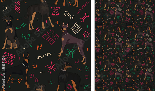 Abstract ethnic pattern with Doberman, black history month, juneteenth seamless pattern with hand-drawn lines and colorful shapes in traditional African style. Summer seamless pattern with dogs.