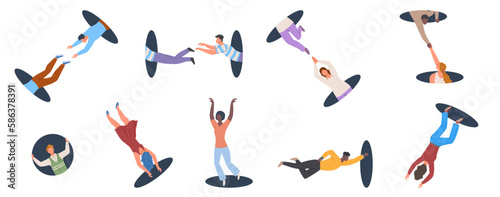 Set of people in holes. Young characters looking through and jumping in and out of holes. Search and explore. Imagination and fantasy. Cartoon flat vector illustrations isolated on white background