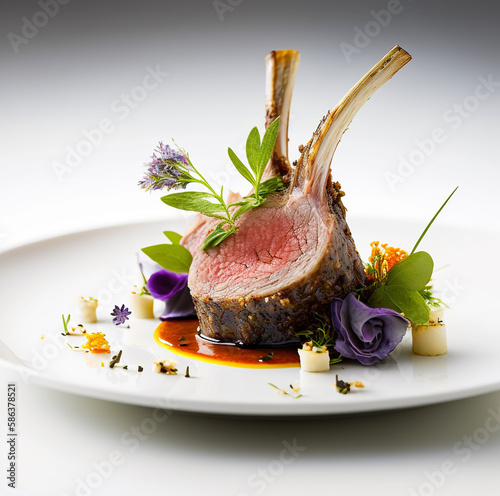 The Juicy Delight of Fine Dining Lamb Rack. AI Generated Art. Concept Art for Foodies. Restaurant. Fine Dining in Spring and Summer.