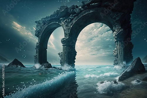 in the sea stands a large stone gate with large round arches, sunken ruins of a city created with Generative AI technology