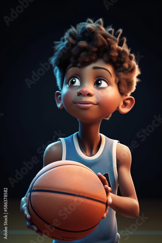 closeup portrait on dark background of beautiful active basketball player child in jersey uniform holding a basketball ready to play - Generative AI © sizsus
