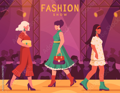 Fashion show concept. Women in modern clothes with bags in their hands on podium. Young girls dressed in trendy outfits demonstrate their look. Event announcement. Cartoon flat vector illustration