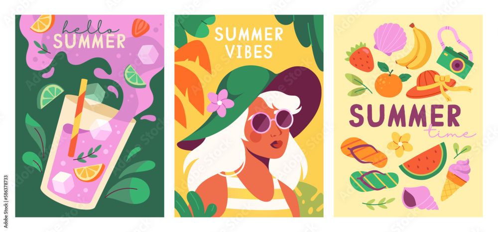 Summer posters set. Glass glass with fruit cocktail or smoothie, beautiful girl in sunglasses and hat, fruits, ice cream and camera. Cartoon flat vector illustrations isolated on white background