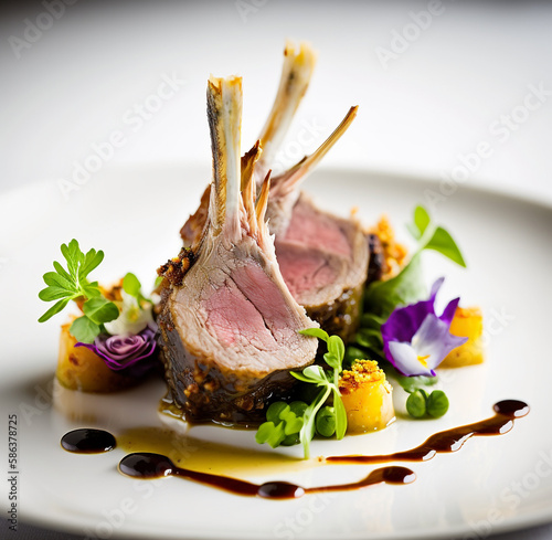 The Warm and Delicious Lamb Rack: A Fine Dining Experience. AI Generated Art. Concept Art for Foodies. Restaurant. Fine Dining in Spring and Summer.