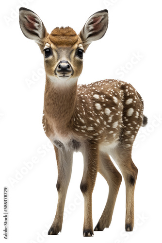 a spring-themed illustration photo featuring an isolated cute spotted baby deer fawn standing set on a transparent background in PNG. Generative AI © Purple Penguin GFX