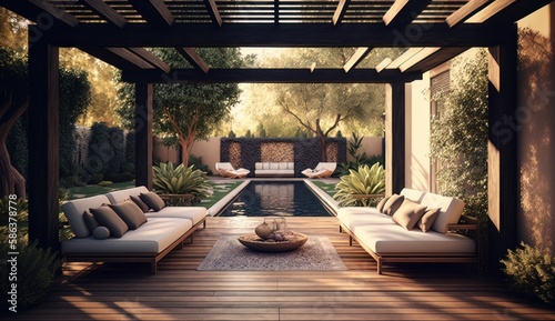 Interior design of a lavish side outside garden at morning. Generative AI © The Imaginary Stock