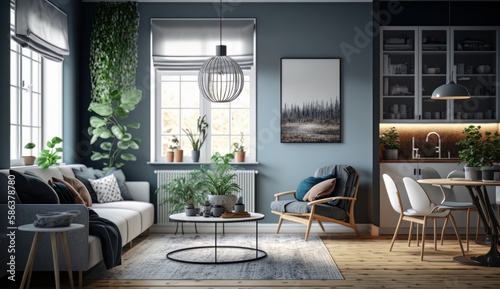 The interior design of modern Scandinavian apartment, living room 3d rendering. Generative AI