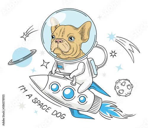 Dog flying on rocket. Pet in space suit at spaceship with text I space animal. Character at backdrop of planets and stars. Template for printing on kids clothing. Cartoon flat vector illustration