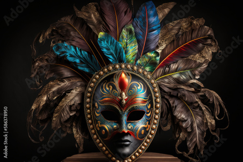 venetian mask with big colorful feathers very artfully painted created with Generative AI technology