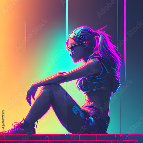 contemplative lone  young woman against colourful neon background sitting on a brick wall with sunglasses and a ponytail | Generative AI