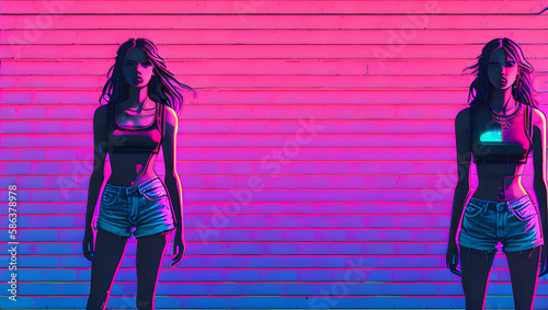 Illustration of two twins stood in front of a colourful neon-coloured pink and blue brick wall wearing tanktops and hotpants jeans | Generative AI