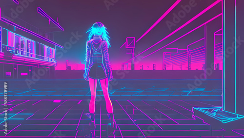 illustrated woman with ther back to the camera looking out at a neon colourful synthwave horizon next to a motel | Generative AI