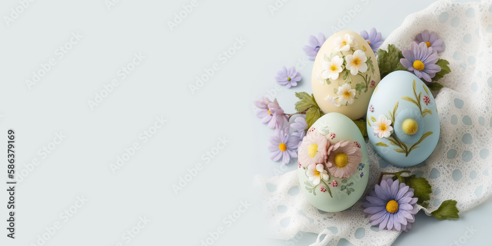 Banner with Easter eggs in pastel colors with flowers decor on them. Violet flowers around and lace fabric on light grey background. Generative Ai Banner with Easter eggs in pastel colors with flowers decor on them. Violet flowers around and lace fabric on light grey background. Generative Ai