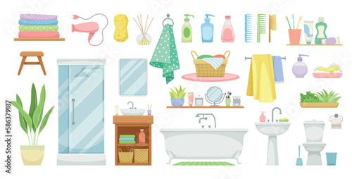 Set of bathroom elements. Towels, sponge and soap. Washbasin, toilet, shower stall and wardrobe. Apartment interior furniture and decor. Cartoon flat vector illustrations isolated on white background