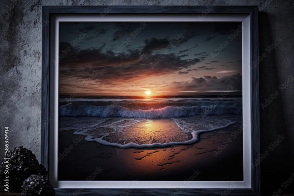 Fototapeta premium on a gray wall hangs a large mural, sea at sunrise with clouds in the sky on the sandy beach created with Generative AI technology