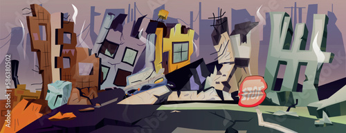 Destroyed buildings on city. Catastrophe or cataclysm, war. Abandoned broken houses with smoke after explosions and damages. Country, town or district in ruins. Cartoon flat vector illustration