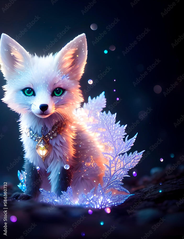 Obraz premium little white cute fox - the spirit of winter and frost, the character of a white polar fox with decorations, crystals and magic frost, generative ai