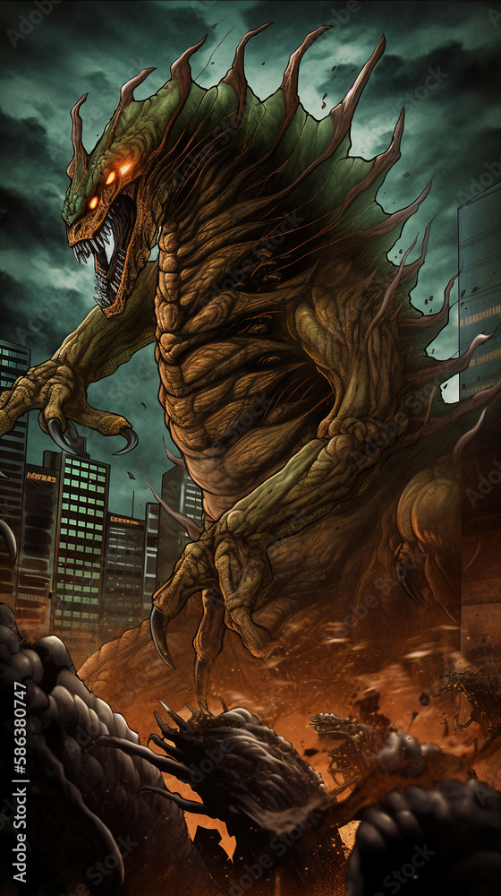 Fototapeta premium Comic book style illustration about giant monsters attacking city.