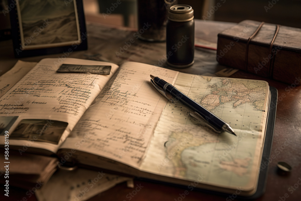 Fototapeta premium Capturing Memories. Traveler's journal and pen on a desk. Writing and documenting concept. AI Generative