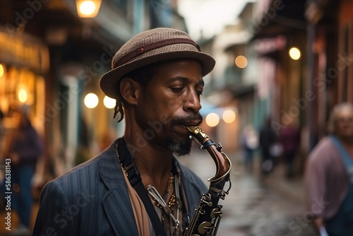 Melodic Rhythm. A talented Jazz street musician playing soulful saxophone in the narrow alleyway. Music and urban lifestyle concept. AI Generative