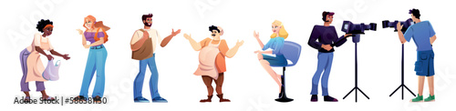 Different professions people set. Videographers, show or news host, chef or bakery salesman. Man and woman with bags discussing. Cartoon flat vector illustrations isolated on white background
