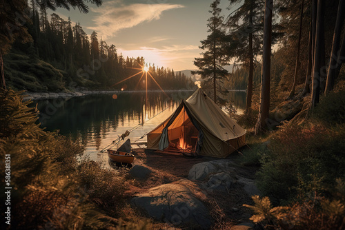 Serene Camping Experience with kids. Cozy Tent on the Banks of a Tranquil Lake at Sunset AI Generative 