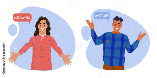 Man and woman say welcome. Set of friendly and cheerful characters. Employees or students meet newcomer with attractive gesturing. Cartoon flat vector illustrations isolated on white background