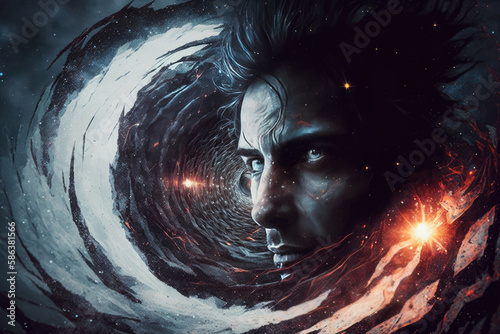 young man in a whirlpool of time, he is lost in thought created with Generative AI technology