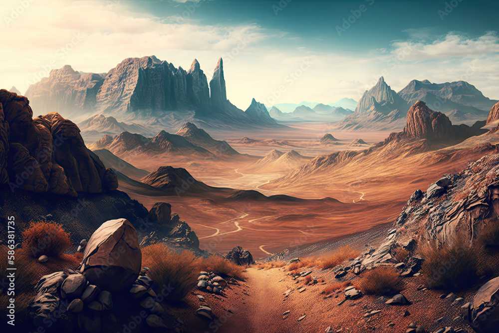 image of a large expansive desert landscape, many large rocks and boulders created with Generative AI technology
