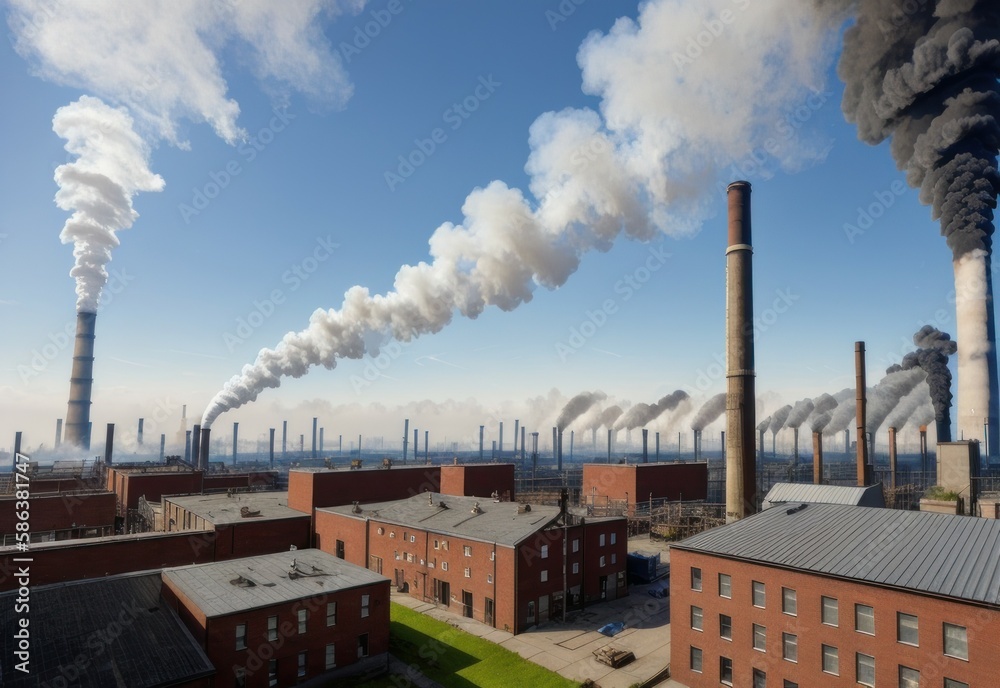 Metal pipe of a plant with exhaust white, gray smoke, smog. Concept ecology, pollution. AI generated Metal pipe of a plant with exhaust white, gray smoke, smog. Concept ecology, pollution. AI generated