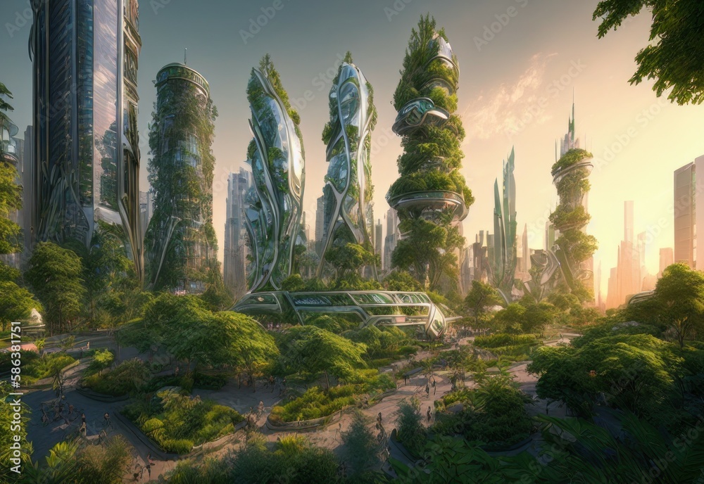Eco-futuristic cityscape concept with greenery, skyscrapers, parks, and other green spaces in urban area. AI generated