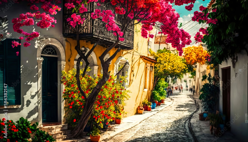 Fototapeta premium Ai Generated, Alacati street view in Alacati Town. Alacati is populer historical tourist destination in Turkey.