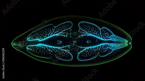 Exploring Microscopic World, Abstract illustration of bioluminescent  Paramecium Caudatum. Gen AI photo
