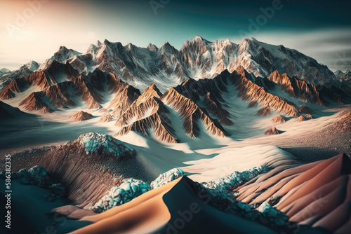 breathtaking mountain landscape, lightly covered with snow, many hills and rocks created with Generative AI technology