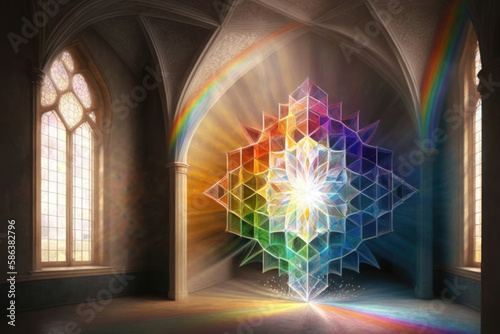 crystal structure shining in rainbow colors in a vault with large church windows through which the light falls on the crystal created with Generative AI technology